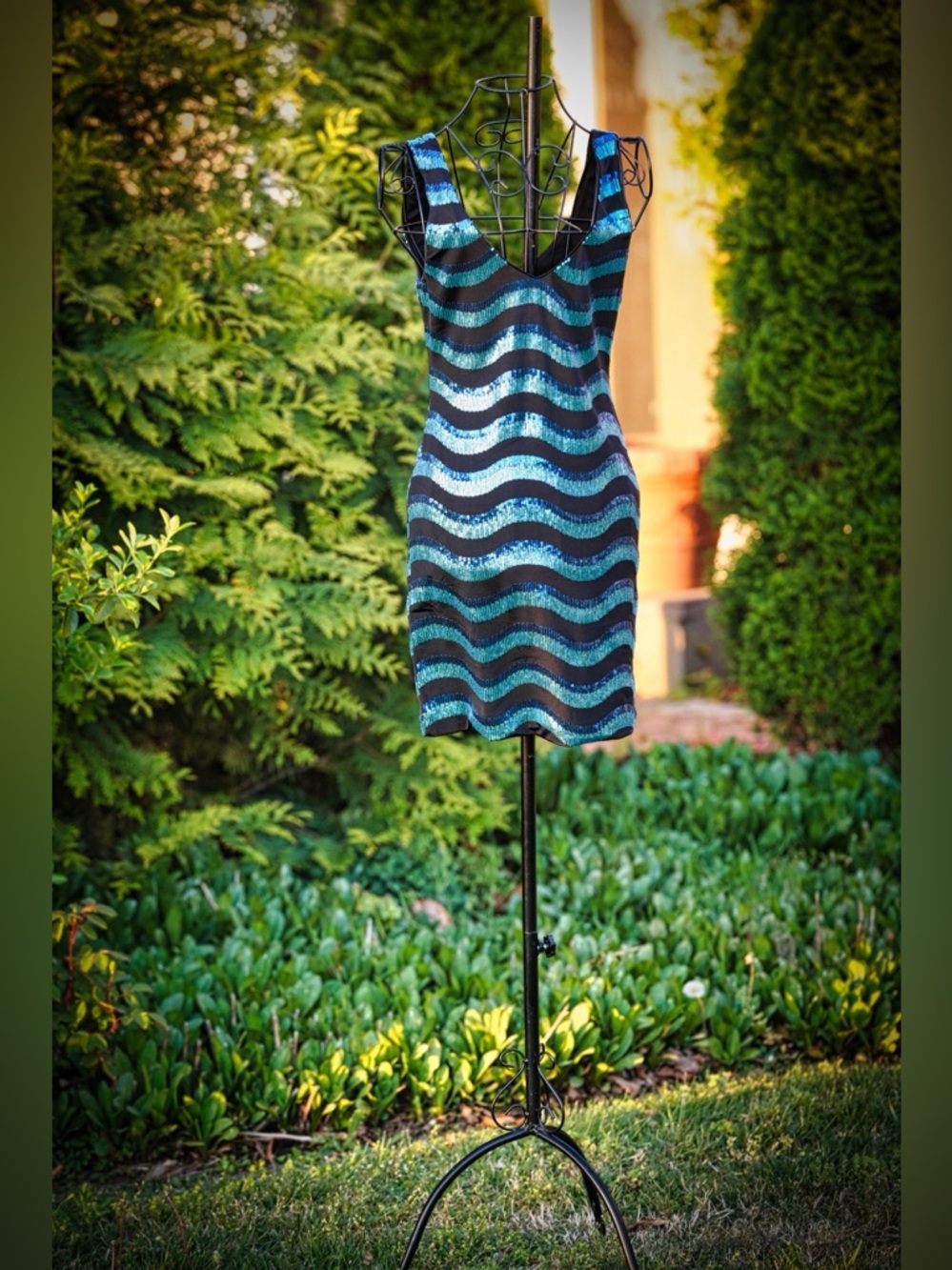 As You Wish Black & Turquoise Sequin Striped Mini Dress - Picture 3 of 9